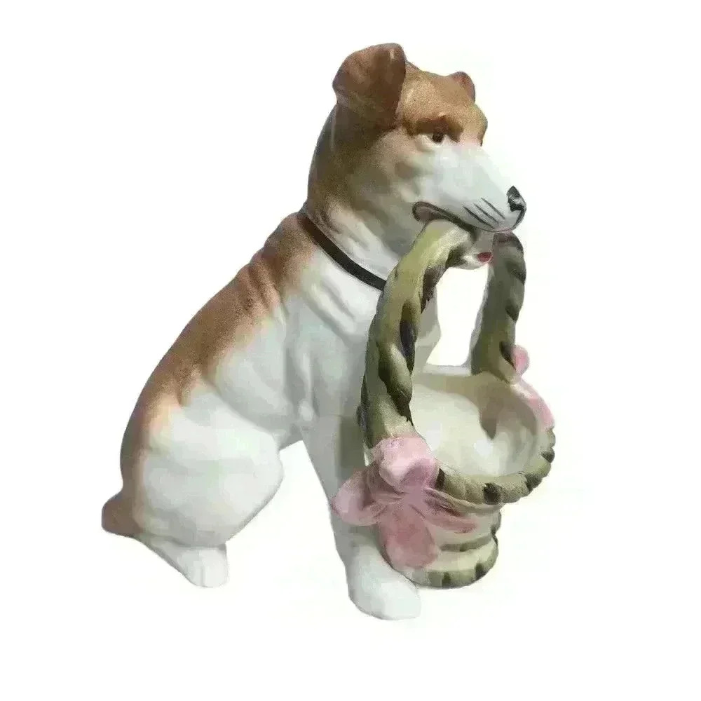 Vintage Bisque Dog figurine with Basket 5 1/4" high